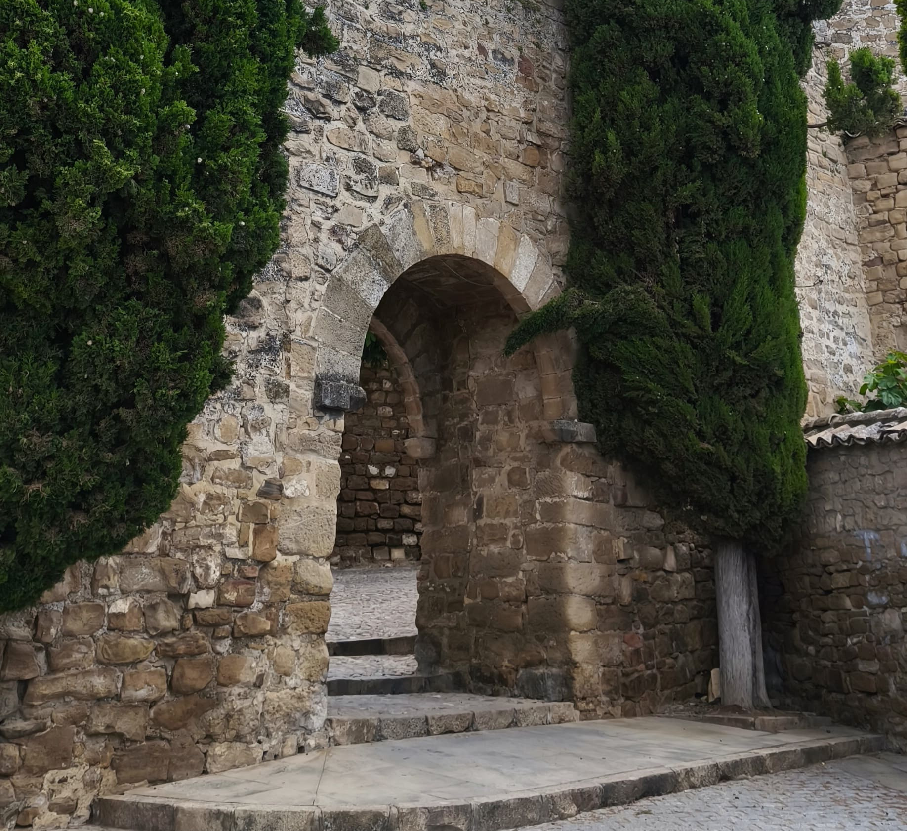 Puerta medieval entre cipreses en Úbeda